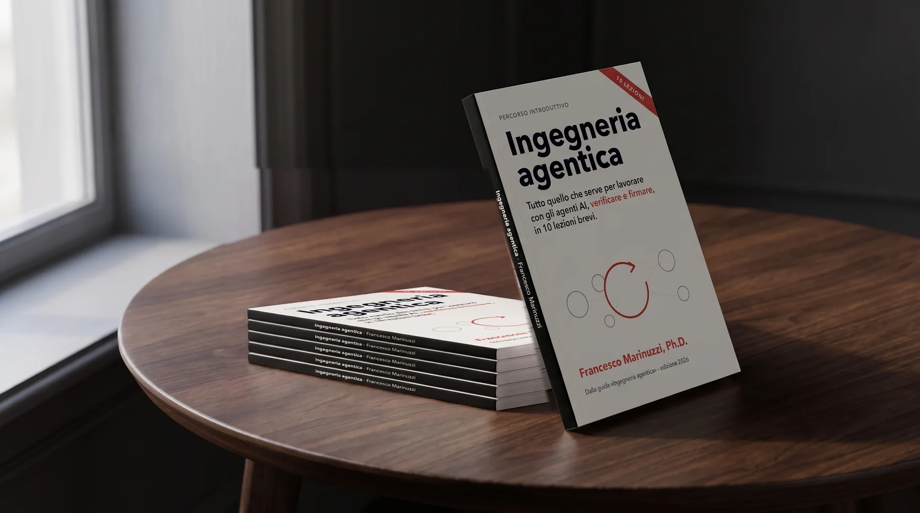 Copie del libro Ingegneria agentica, percorso introduttivo in 10 lezioni, su un tavolo